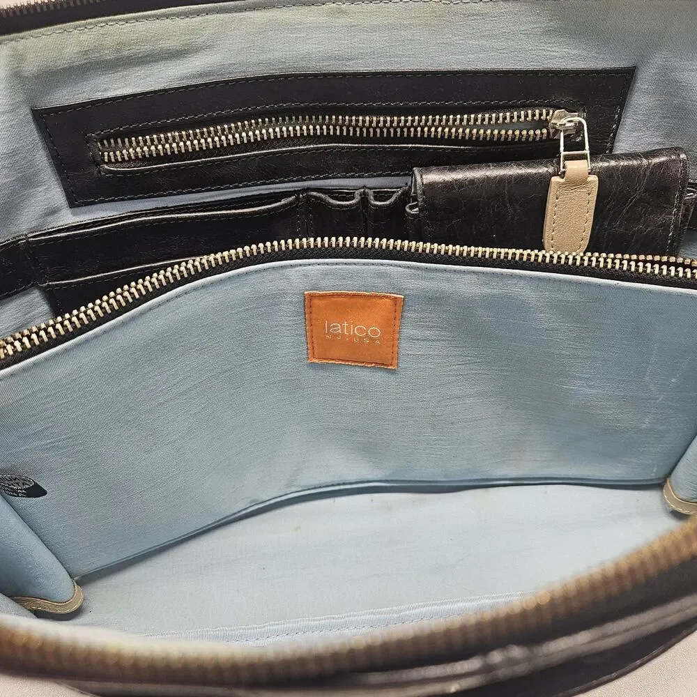 Latico Black & Tan Leather Briefcase Shoulder Bag Purse Satchel Carry Large
